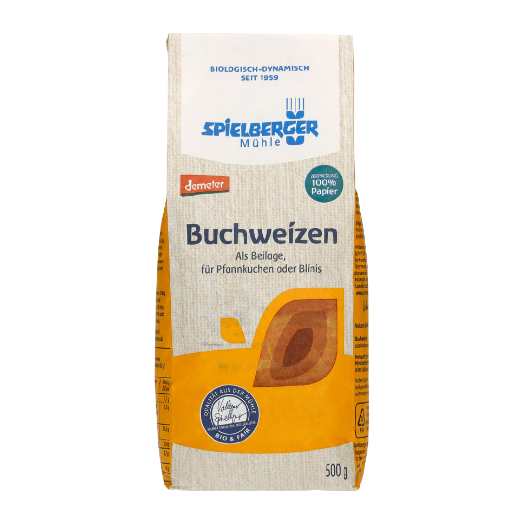 Frontansicht der Spielberger Mühle Buchweizen 500 g Packung in Demeter-Qualität – Bio und vegan