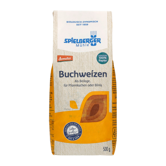 Frontansicht der Spielberger Mühle Buchweizen 500 g Packung in Demeter-Qualität – Bio und vegan