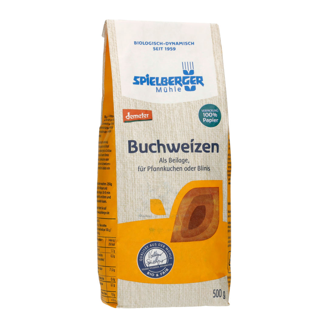 Komplette Verpackung des Spielberger Mühle Buchweizens 500 g – biologisch-dynamisch und nachhaltig