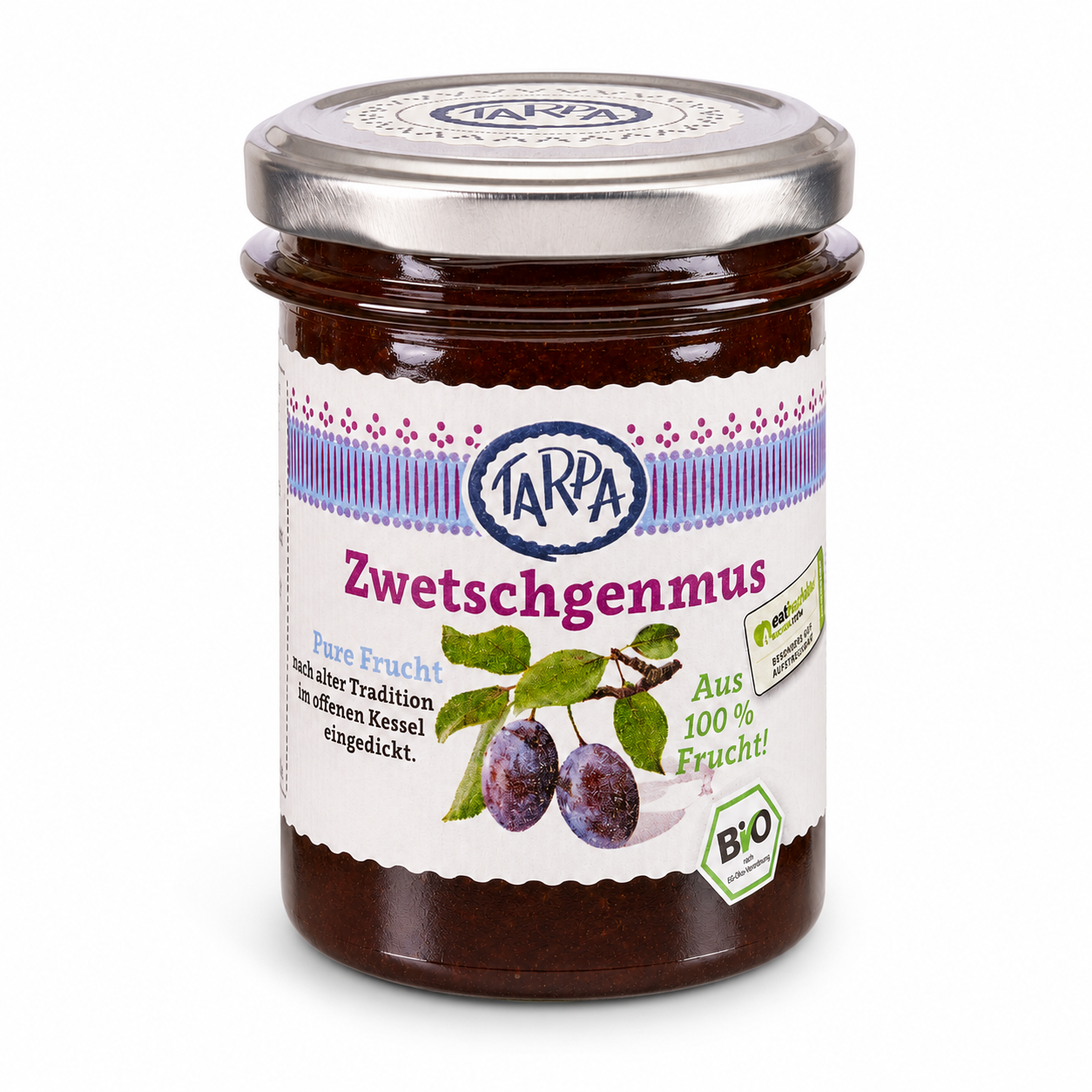 Tarpa Zwetschgenmus 220 g in schräger Produktansicht mit Bio-Siegel und silbernem Deckel