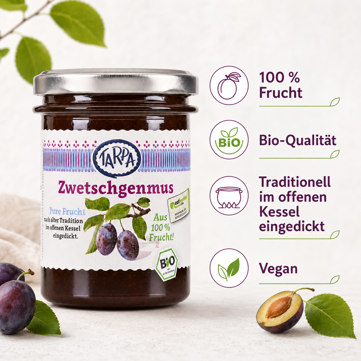 Tarpa Zwetschgenmus mit Produkteigenschaften 100 Prozent Frucht, Bio, vegan und traditionell eingedickt