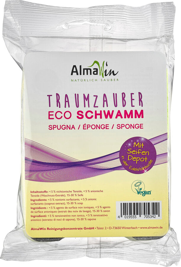 Vorderseite des AlmaWin TraumZauber Eco Schwamms mit Seifen-Depot in Edelstahlwolle und Vegan-Label
