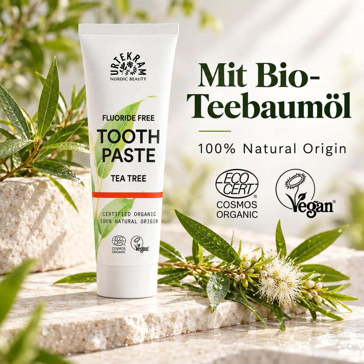 Vorteile der Urtekram Tea Tree Zahnpasta: ohne Fluorid, mit Bio-Teebaumöl, vegan und zertifizierte Naturkosmetik