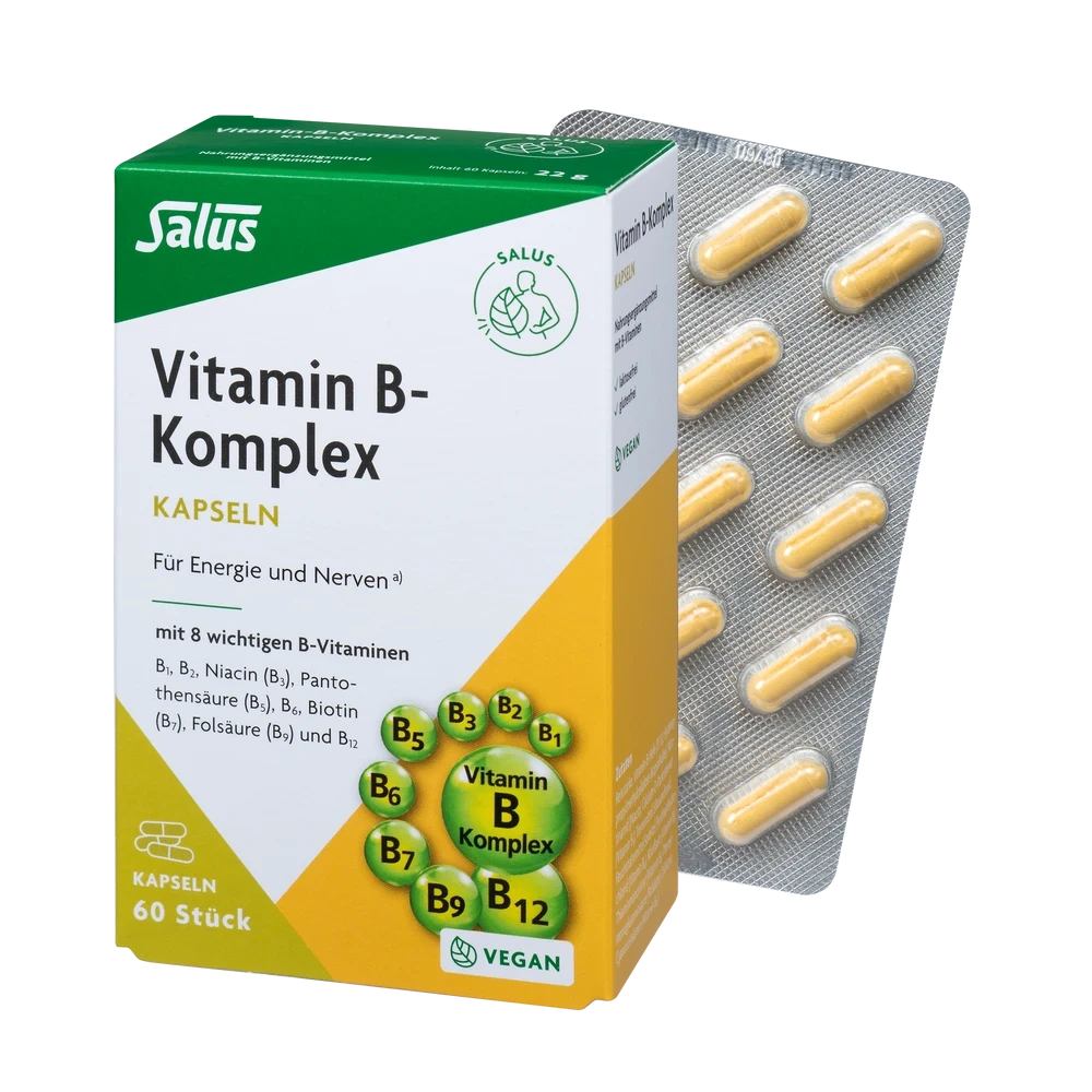 Vitamin-B-Komplex Kapseln von Salus – Packung und Blister mit 60 veganen Kapseln für Energie und Nerven