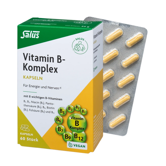 Vitamin-B-Komplex Kapseln von Salus – Packung und Blister mit 60 veganen Kapseln für Energie und Nerven