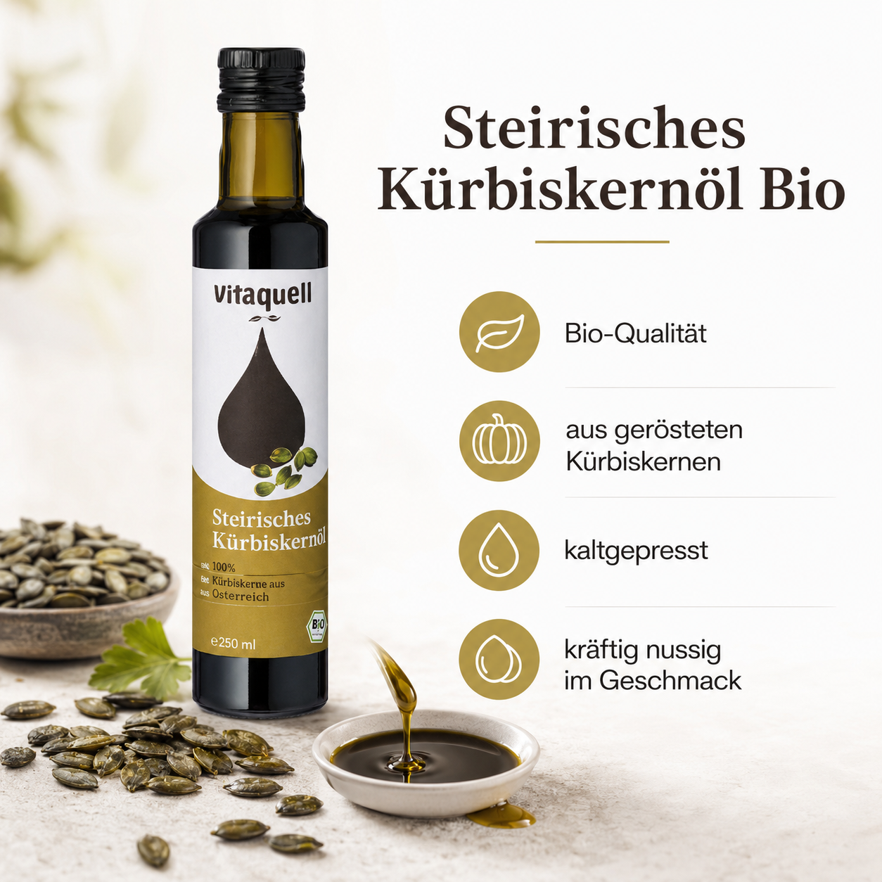 Vitaquell Bio Kürbiskernöl aus gerösteten Kürbiskernen, kaltgepresst und kräftig nussig
