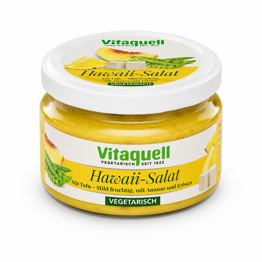 Vitaquell Hawaii-Tofu-Salat 200 g im Glas vor weißem Hintergrund