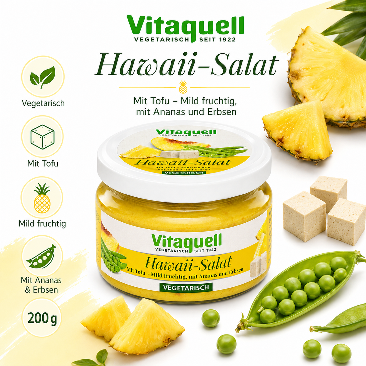 Vitaquell Hawaii-Tofu-Salat 200 g mit Ananas, Tofu und Erbsen als Zutatenübersicht