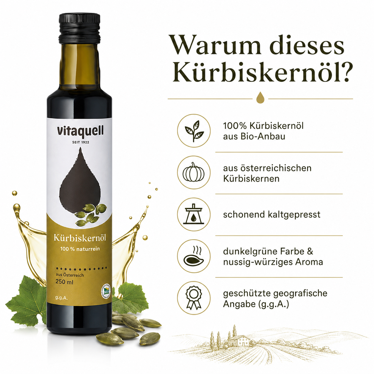 Produktvorteile des Vitaquell Bio Kürbiskernöls aus österreichischen Kürbiskernen
