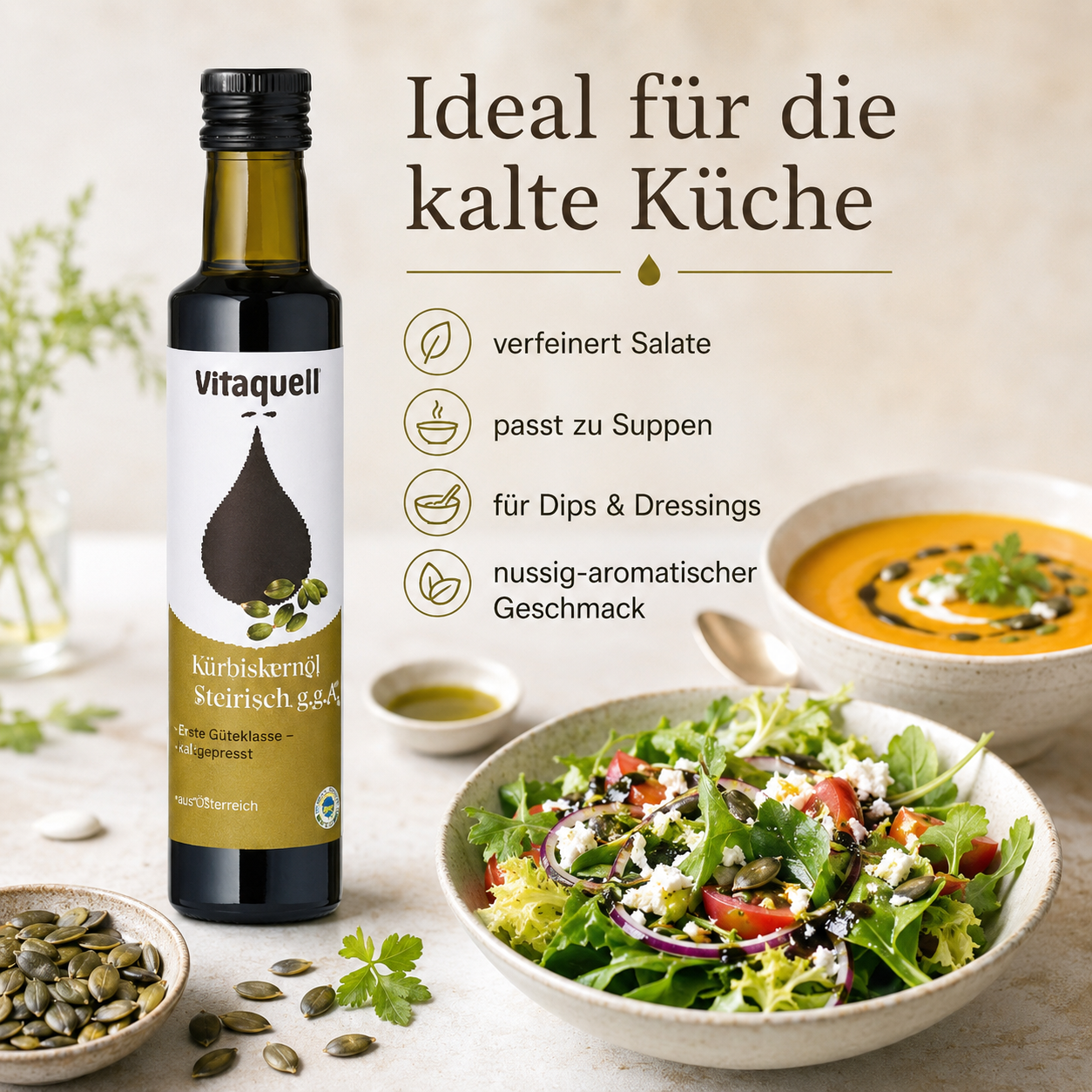 Vitaquell Kürbiskernöl Bio zur Verfeinerung von Salaten, Suppen, Dips und Dressings