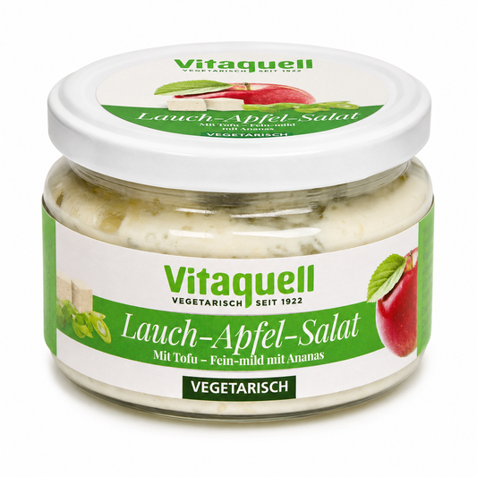 Vitaquell Lauch-Apfel-Salat mit Tofu und Ananas im 200-g-Glas vor weißem Hintergrund