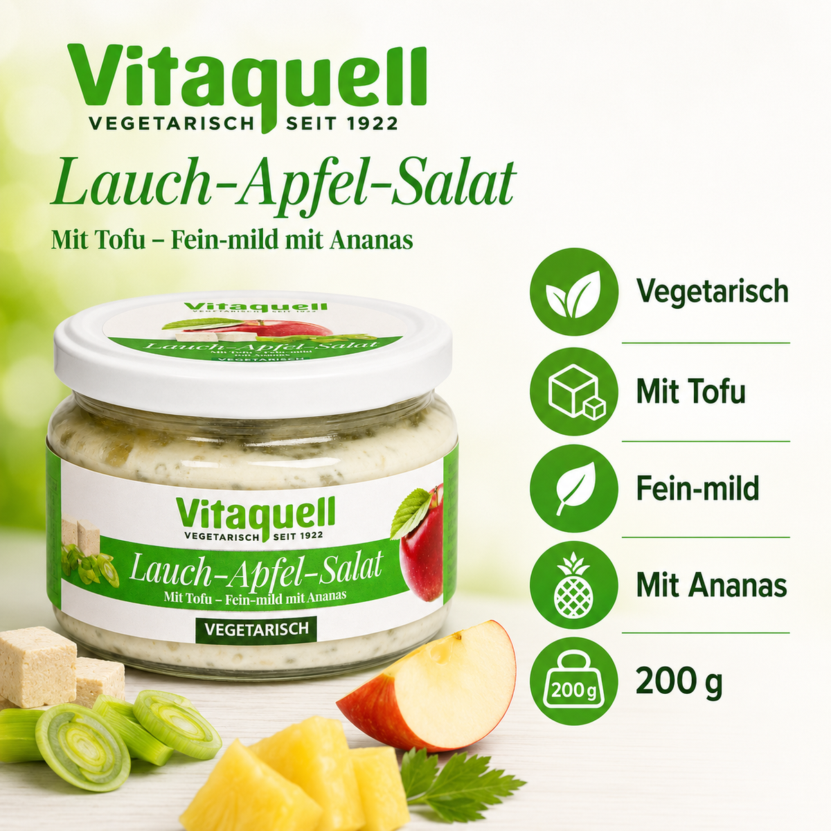 Vitaquell Lauch-Apfel-Salat 200 g – vegetarisch, mit Tofu, Ananas und fein-mildem Geschmack