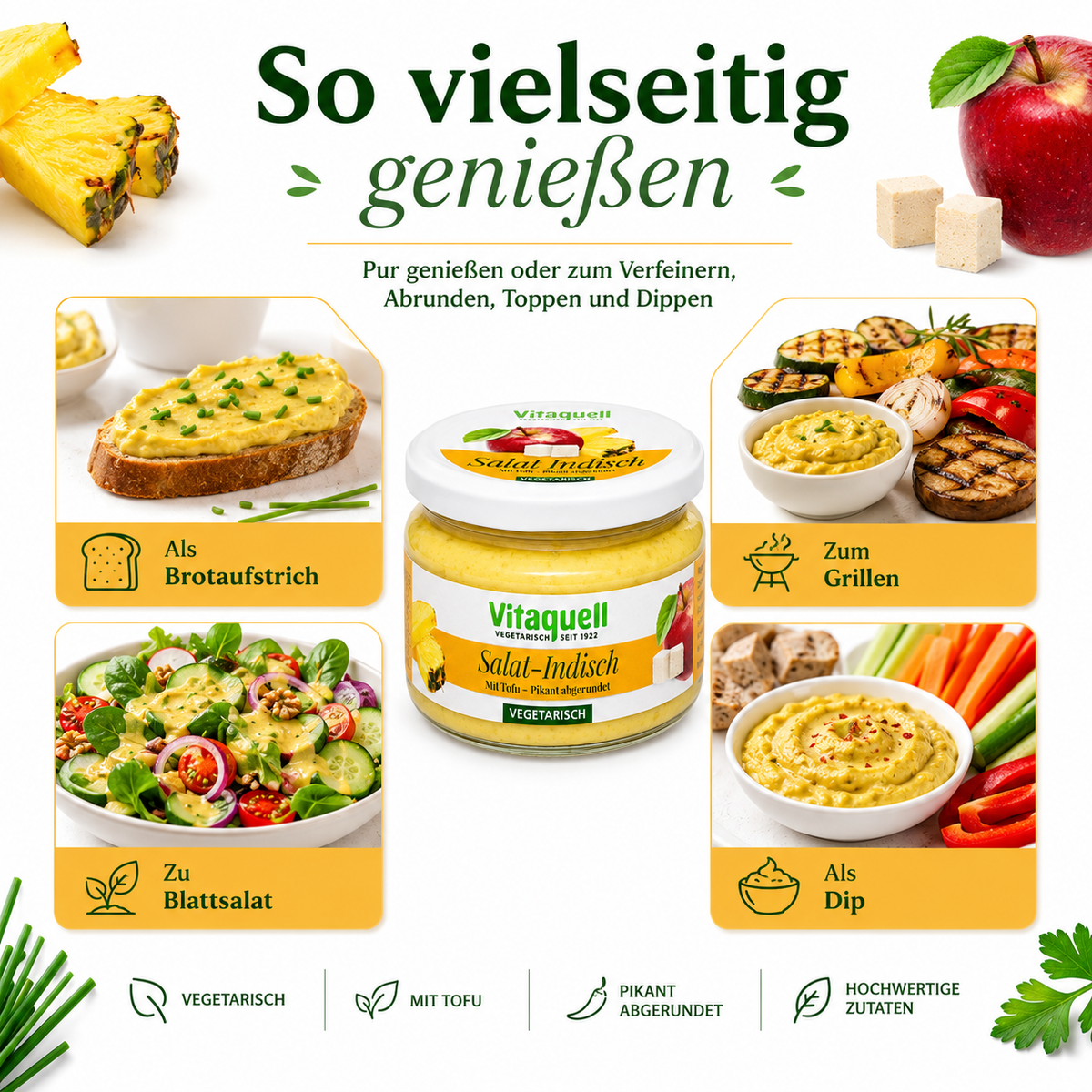 Vitaquell Salat Indisch als Brotaufstrich, Dip, Beilage zum Grillen und zu frischem Blattsalat