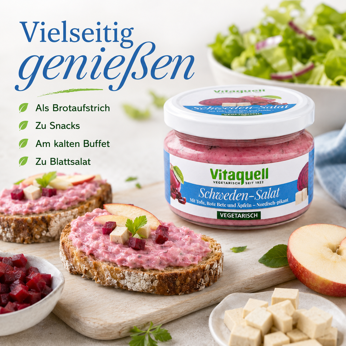Vitaquell Schweden-Salat als vegetarischer Brotaufstrich auf Vollkornbrot mit Apfel und Roter Bete