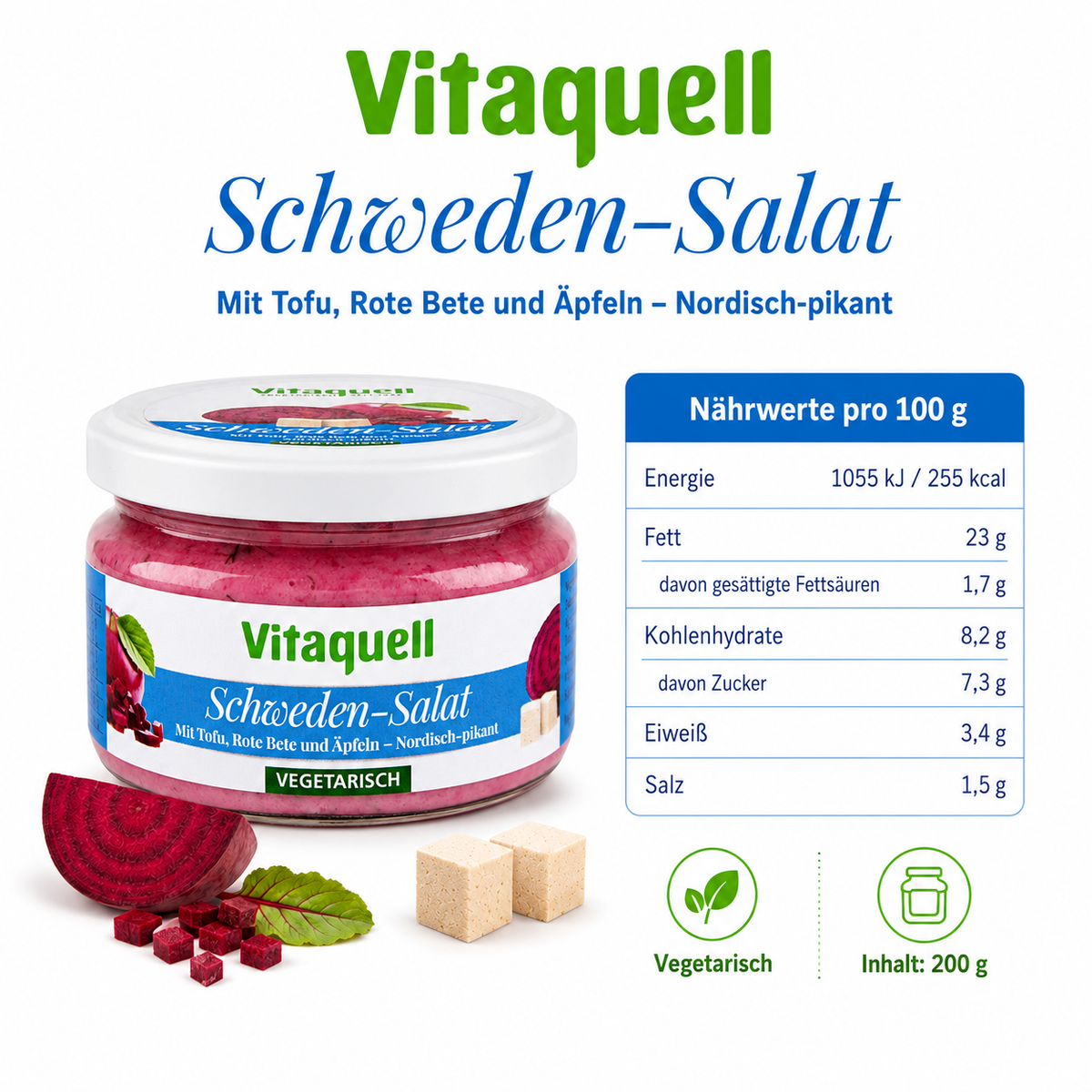 Nährwertübersicht des Vitaquell Schweden-Salats pro 100 Gramm neben dem vegetarischen 200-g-Glas