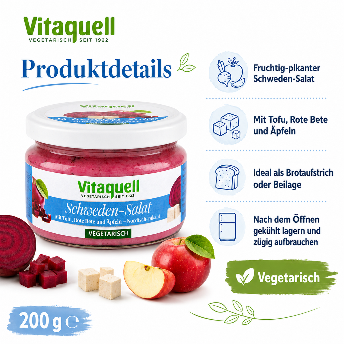 Produktdetails zum Vitaquell Schweden-Tofu-Salat mit Äpfeln und Roter Bete im 200-g-Glas