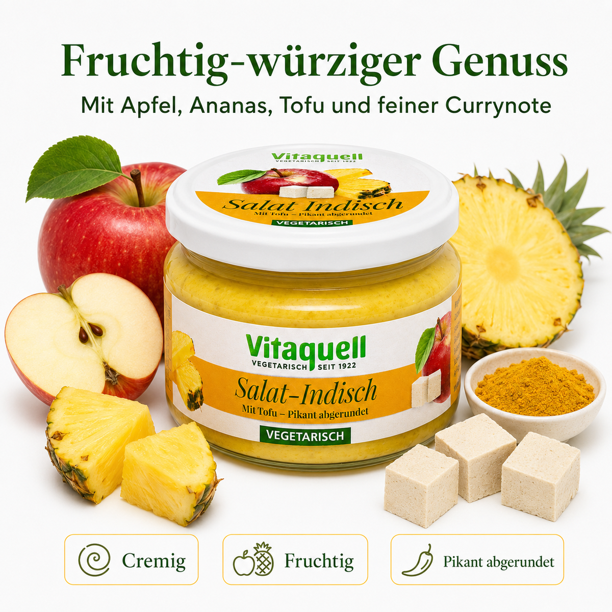 Vitaquell Tofu-Salat Indisch mit Apfel, Ananas, Tofu und Curry – cremig, fruchtig und pikant abgerundet