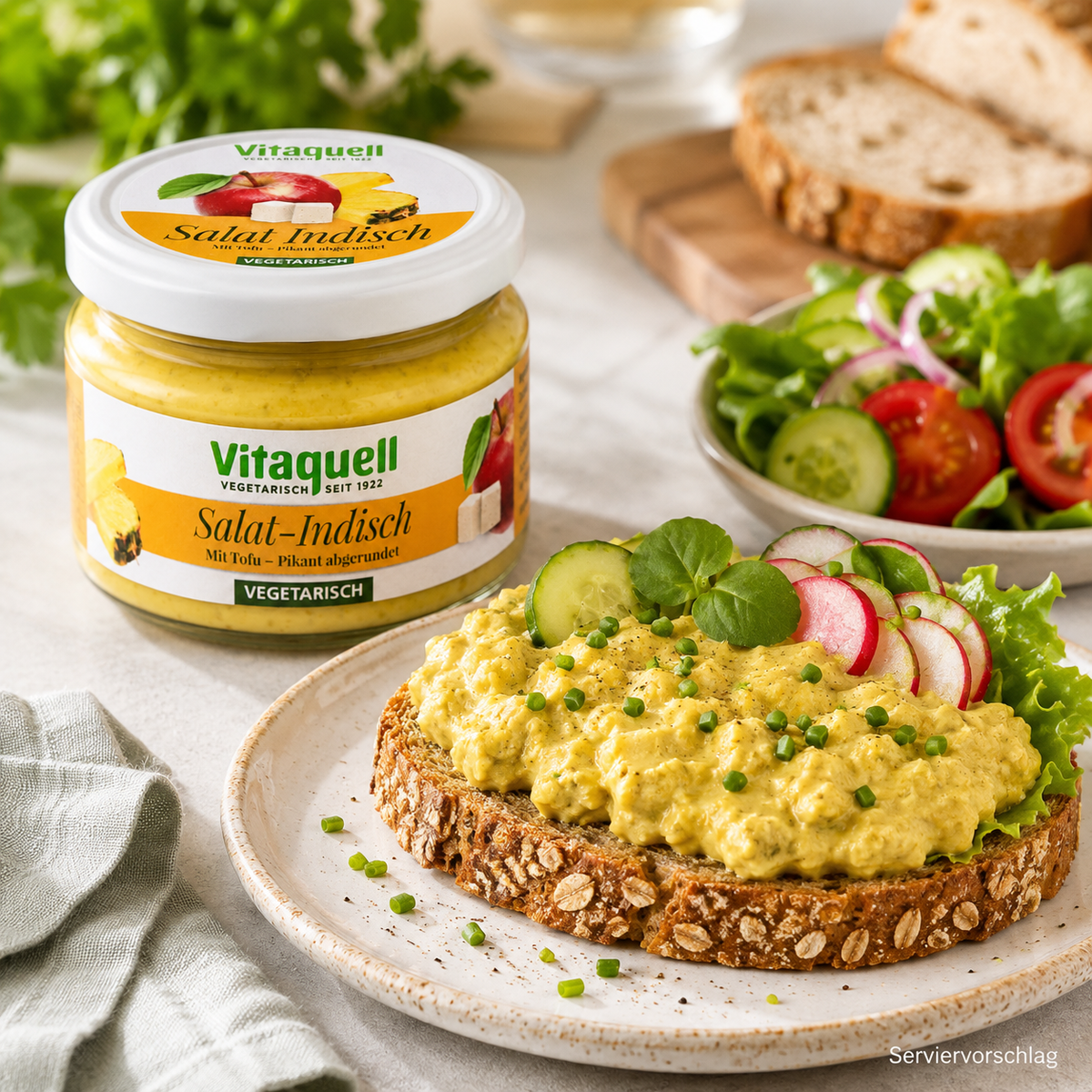 Serviervorschlag für Vitaquell Tofu-Salat Indisch auf Vollkornbrot mit Gurke, Radieschen und frischem Salat