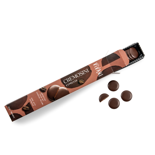 Vivani Cremosini Espresso Bio 100 g geöffnete Verpackung mit Zartbitter-Schokoladentalern und Espresso-Füllung