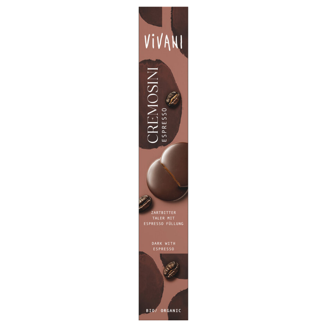 Vivani Cremosini Espresso Bio 100 g Verpackung frontal – Zartbitter-Taler mit Espresso-Füllung