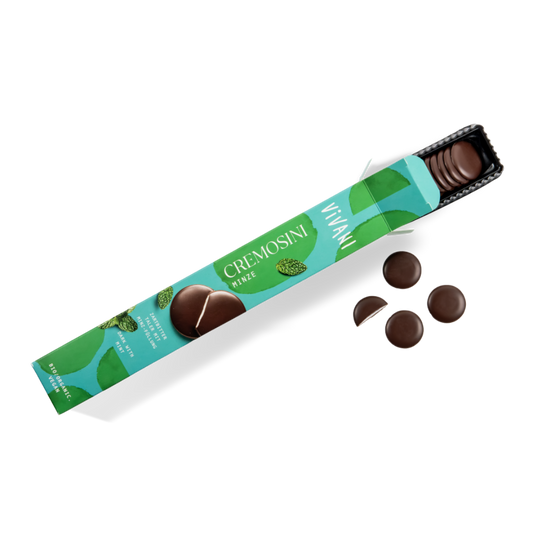 Vivani Cremosini Minze Bio 100 g geöffnete Verpackung mit Zartbitter-Schokoladentalern und Minz-Füllung