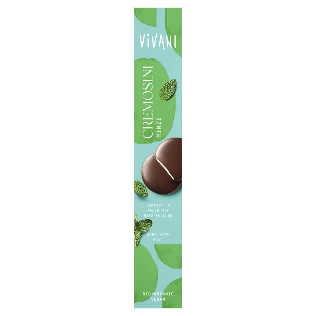 Vivani Cremosini Minze Bio 100 g Verpackung frontal – Zartbitter-Taler mit Minz-Füllung