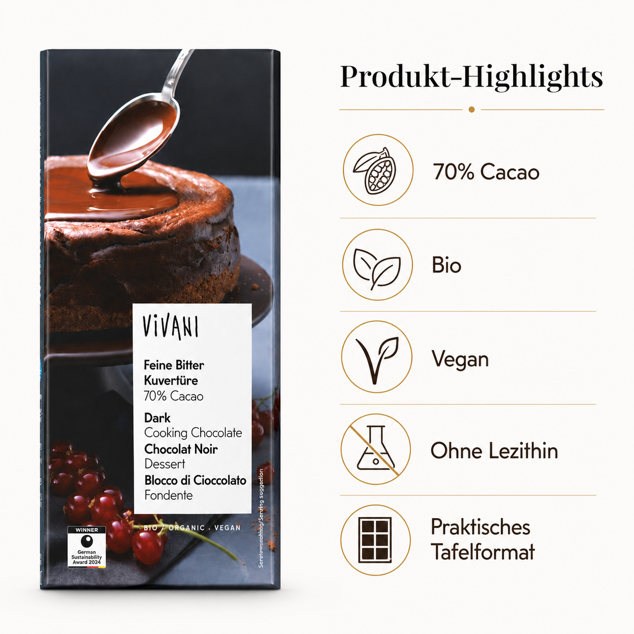 VIVANI Feine Bitter Kuvertüre 70 % Cacao – bio, vegan, ohne Lezithin und im praktischen Tafelformat