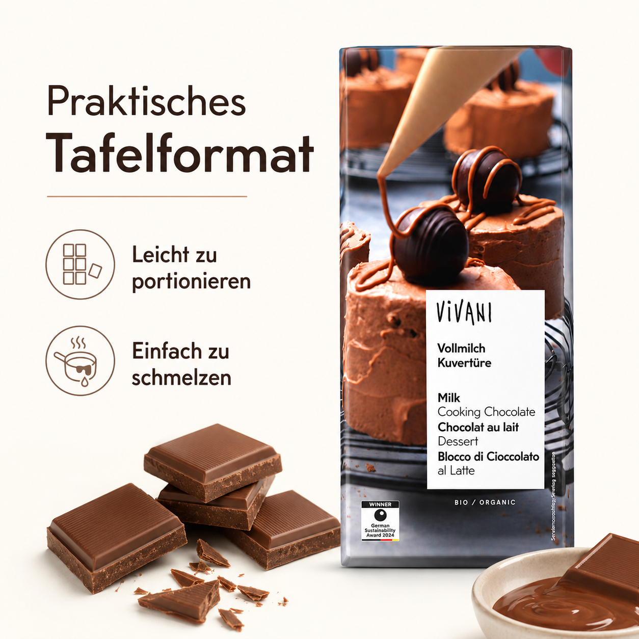 Vivani Vollmilch Kuvertüre im praktischen Tafelformat zum einfachen Portionieren und Schmelzen