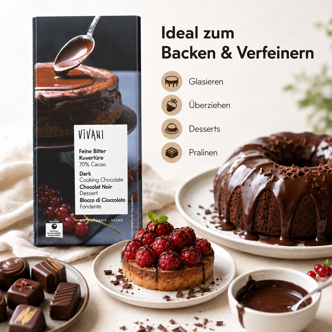 VIVANI Kuvertüre 70 % Cacao zum Glasieren, Überziehen sowie für Desserts und Pralinen