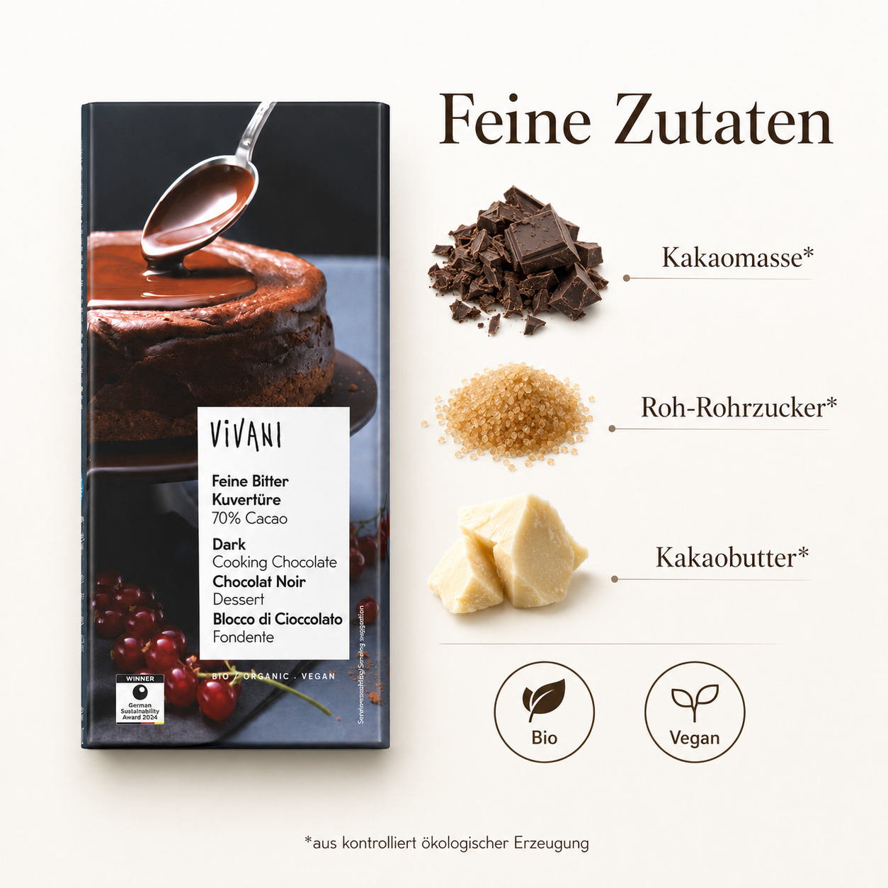 VIVANI Feine Bitter Kuvertüre mit Kakaomasse, Roh-Rohrzucker und Kakaobutter aus Bio-Erzeugung
