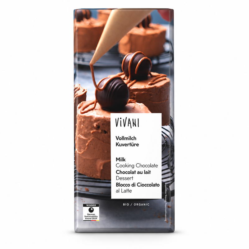 Vivani Vollmilch Kuvertüre 150 g in Bio-Qualität auf weißem Hintergrund