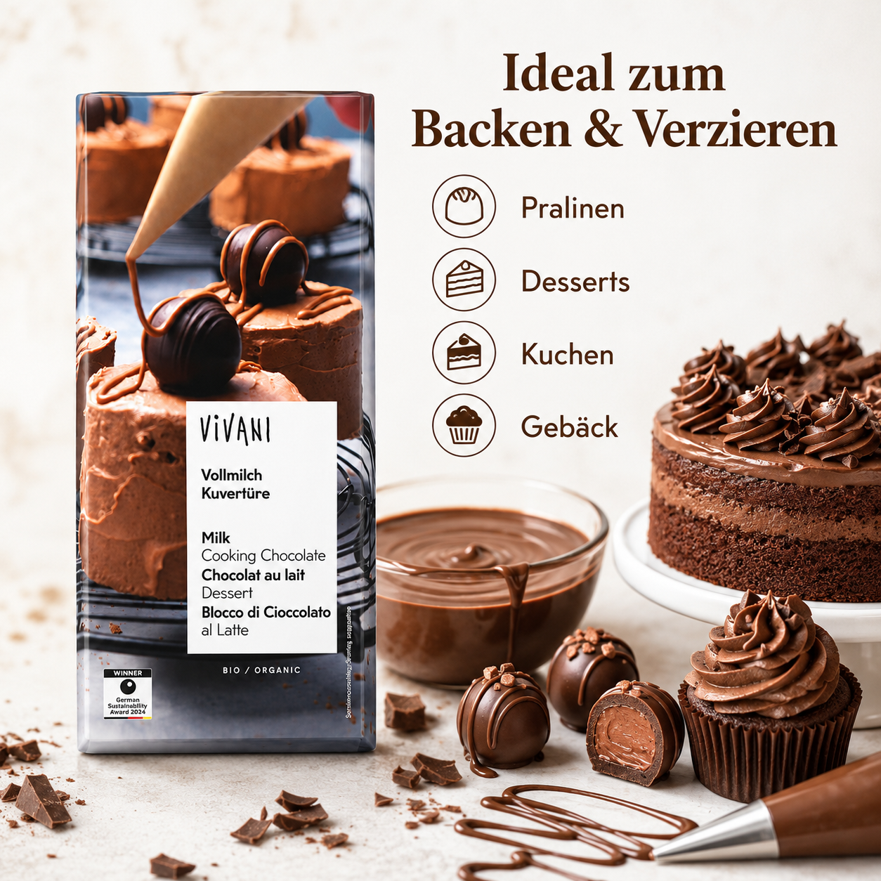 Vivani Vollmilch Kuvertüre zum Backen und Verzieren von Pralinen, Desserts, Kuchen und Gebäck