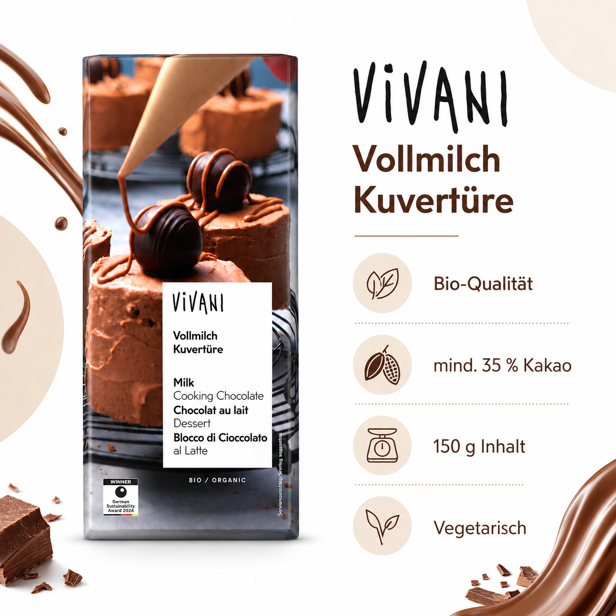 Vivani Vollmilch Kuvertüre mit Bio-Qualität, mindestens 35 Prozent Kakao und 150 g Inhalt