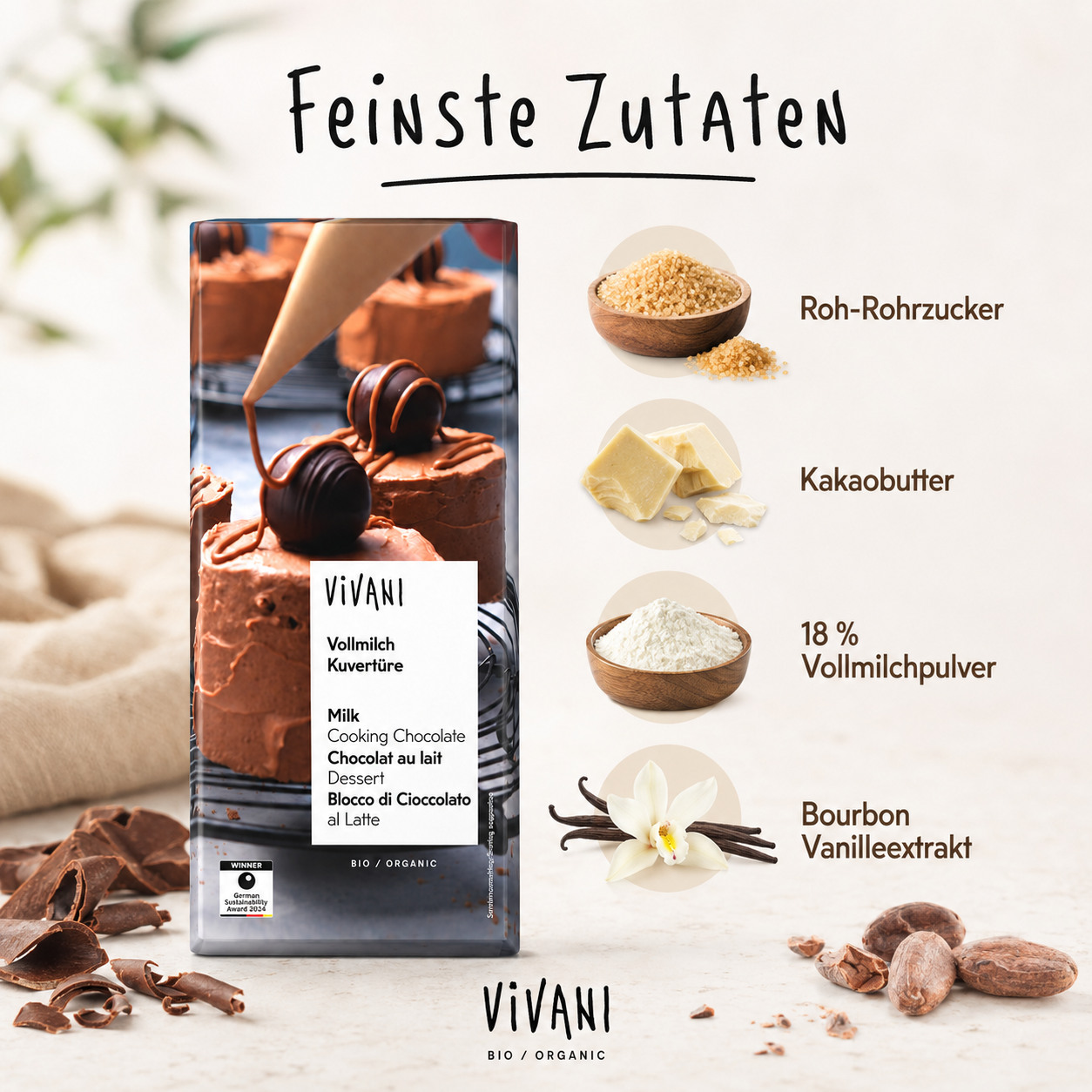 Vivani Bio Vollmilch Kuvertüre mit Rohrohrzucker, Kakaobutter, Vollmilchpulver und Bourbon-Vanilleextrakt