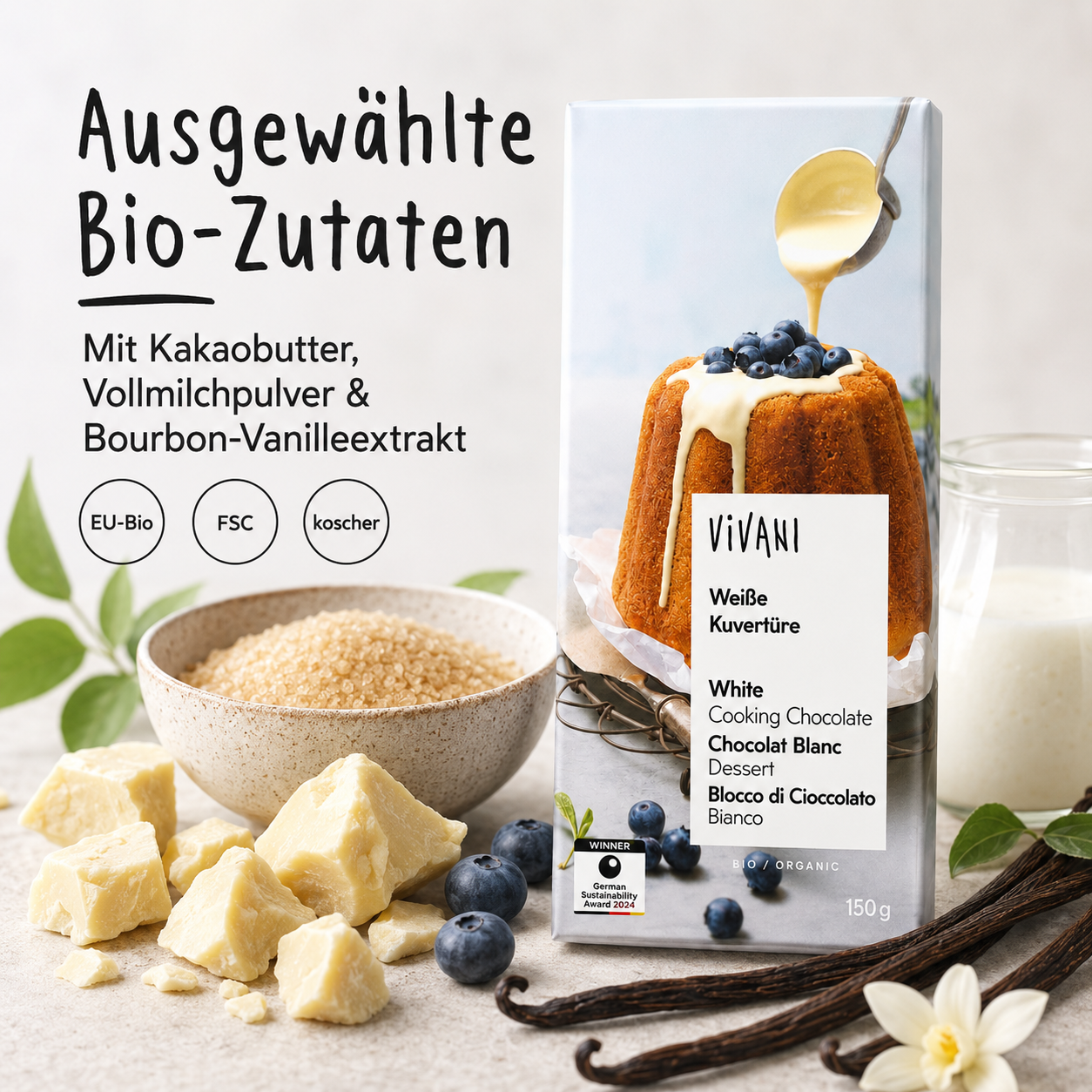 VIVANI Weiße Kuvertüre mit Kakaobutter, Rohrohrzucker, Milch und Bourbon-Vanille
