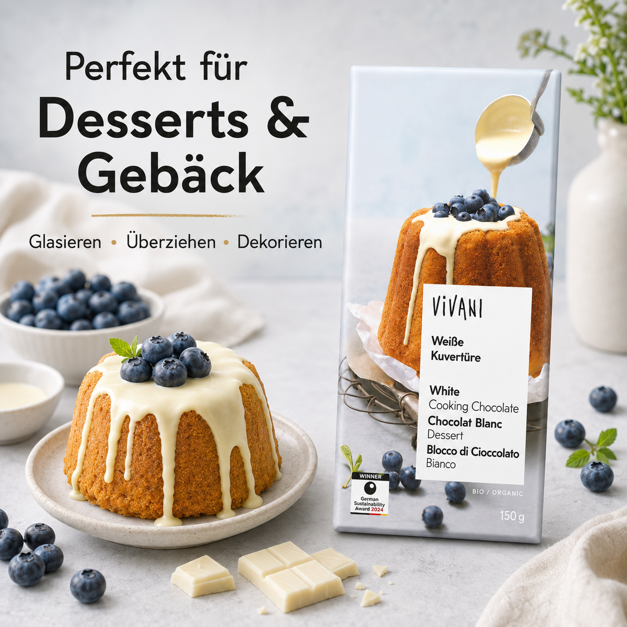 VIVANI Weiße Kuvertüre mit glasiertem Kuchen und Heidelbeeren für Desserts und Gebäck