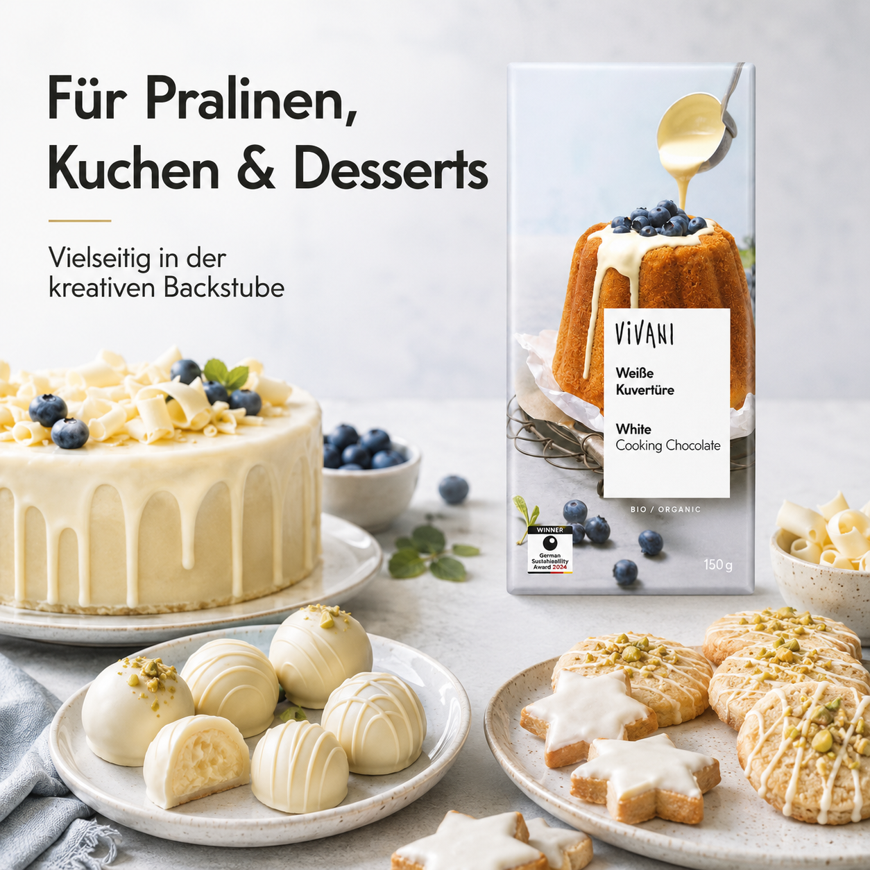 VIVANI Weiße Kuvertüre für Pralinen, Kuchen, Kekse und Desserts
