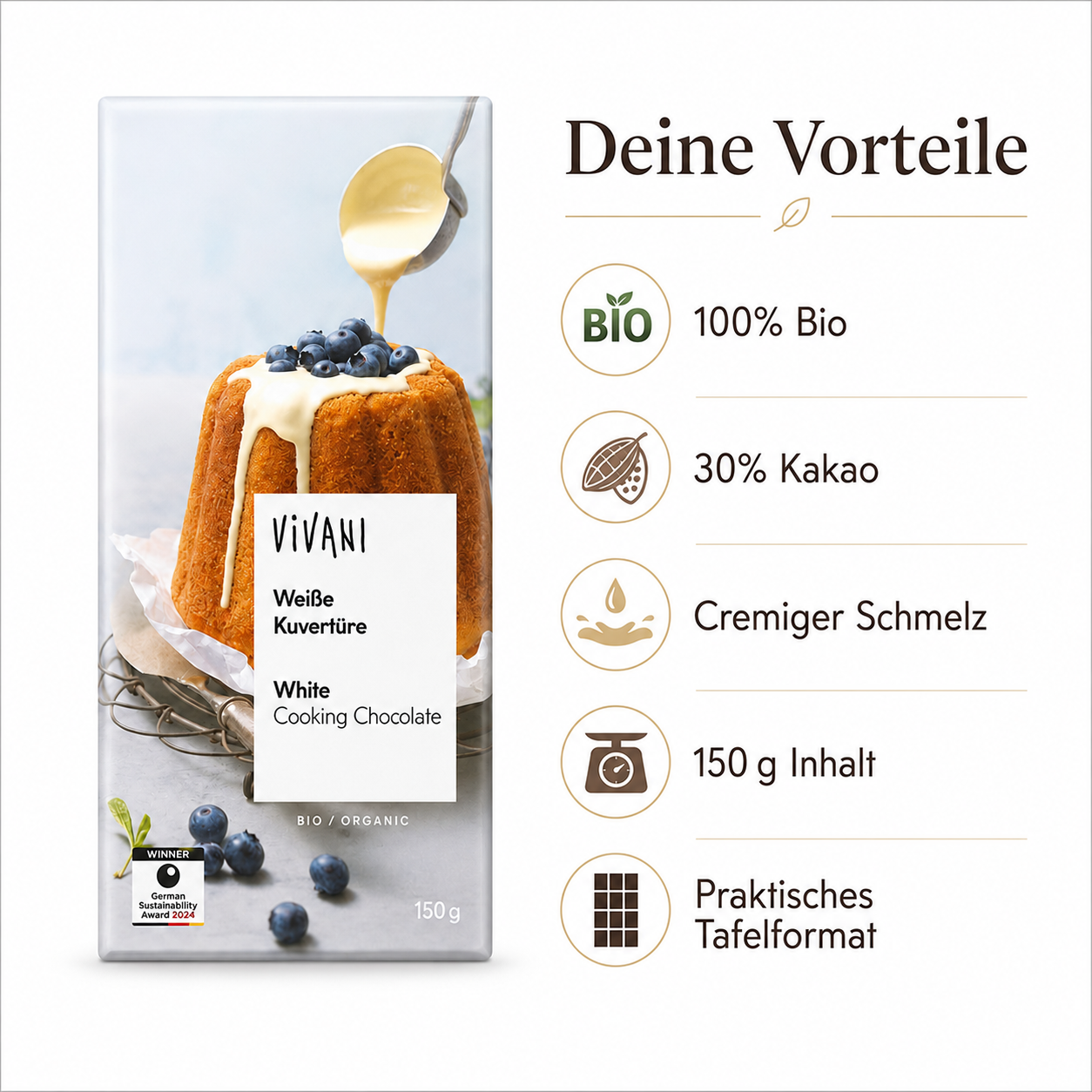 Vorteile der VIVANI Weißen Kuvertüre: Bio, 30 Prozent Kakao und cremiger Schmelz