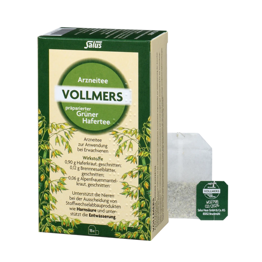 Salus Vollmers präparierter Grüner Hafertee 15 Filterbeutel Packung mit Teebeutel nebeneinander