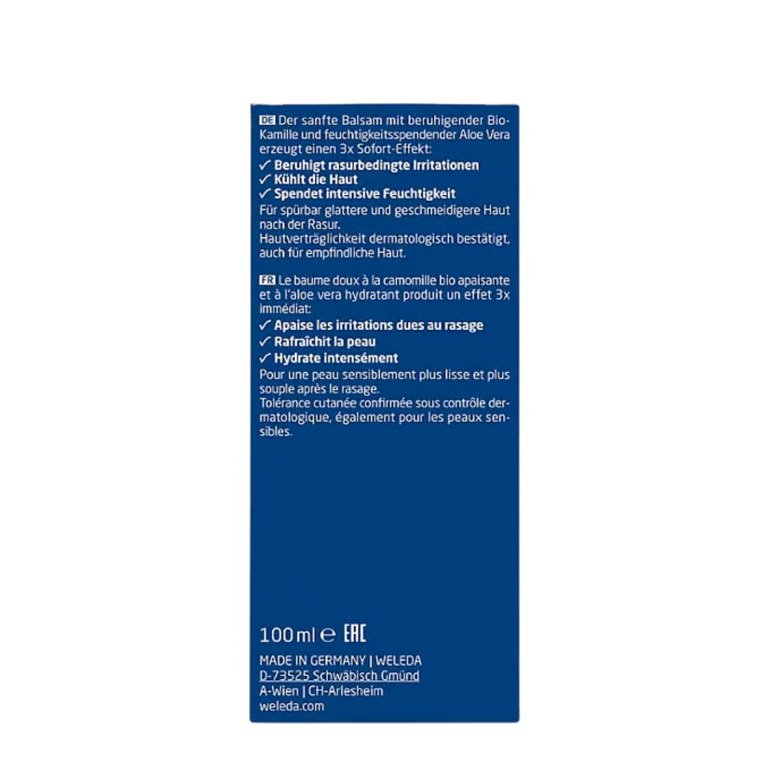 Rückseite des WELEDA For Men After Shave Balsams mit Inhaltsstoffen und Anwendung