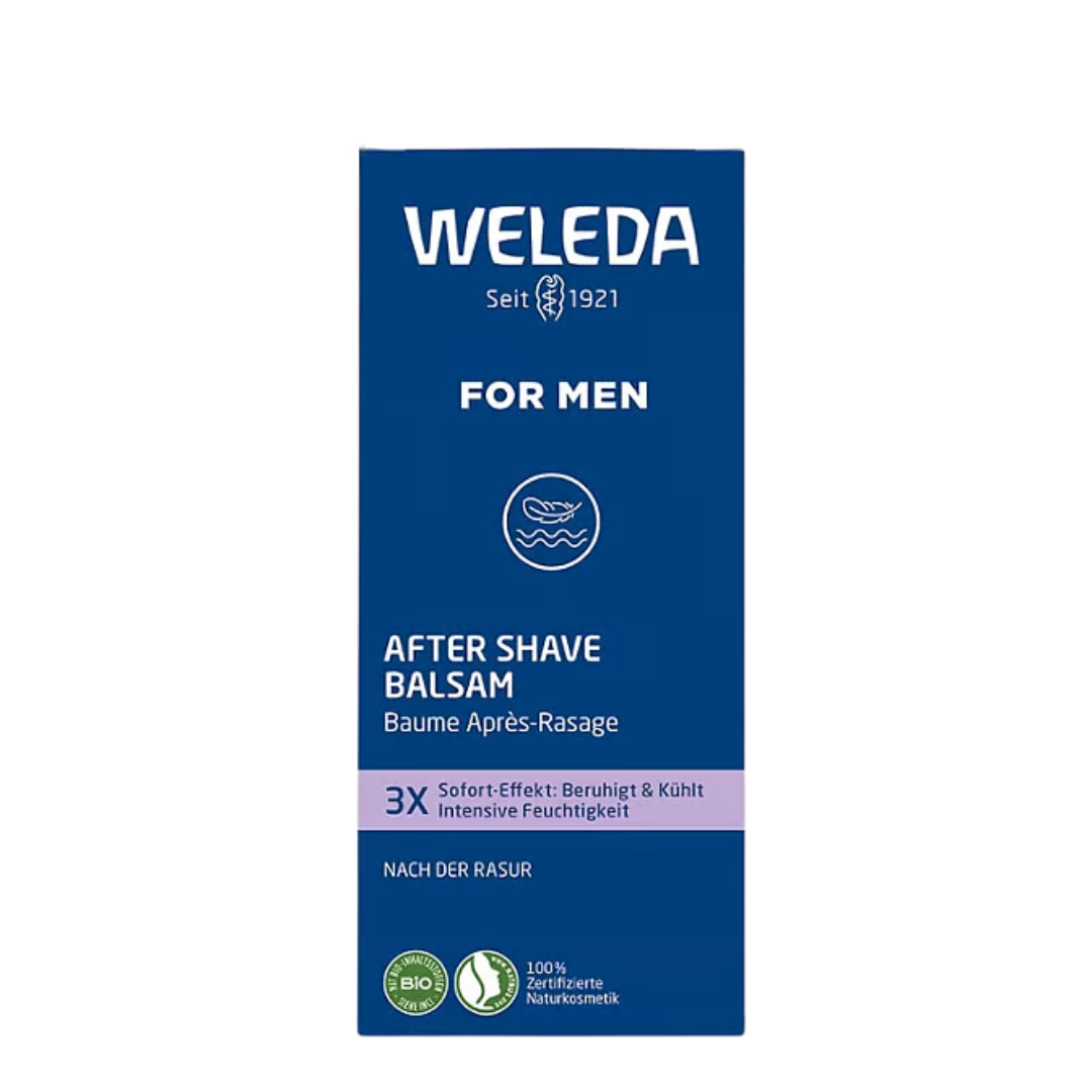 Verpackung des WELEDA For Men After Shave Balsams mit Produktinformationen