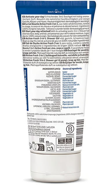 Rückseite der WELEDA For Men Active Fresh 3in1 Duschgel Tube – Produktinformationen und Inhaltsstoffe auf der Verpackung