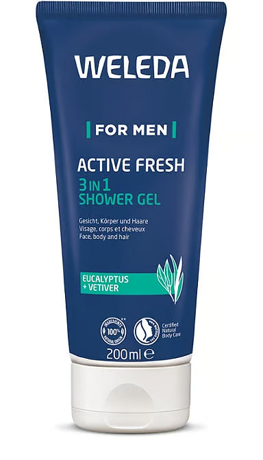 WELEDA For Men Active Fresh 3in1 Duschgel 200 ml – Vorderseite der Tube mit natürlichem Design und Männerpflege-Branding