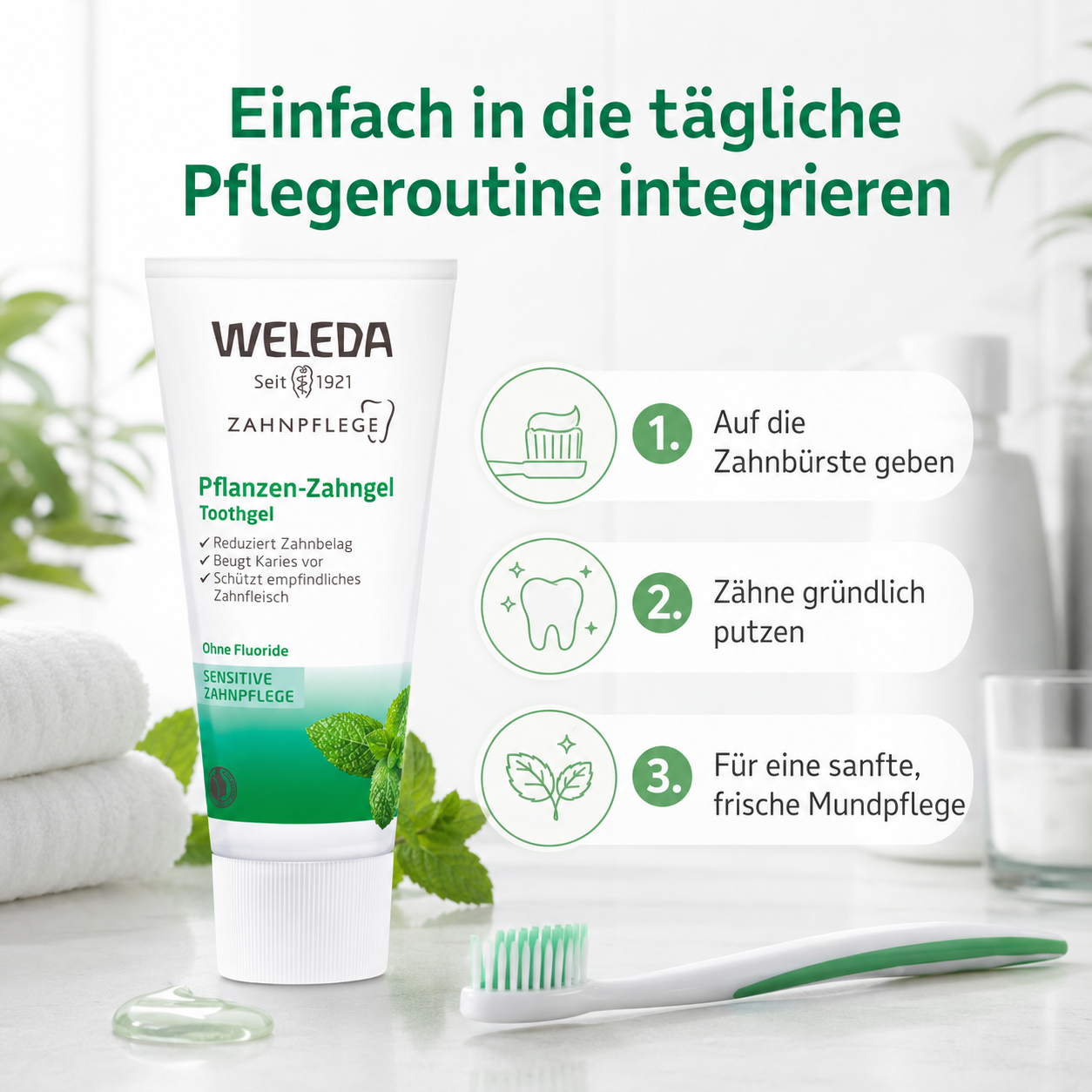 Anwendung des WELEDA Pflanzen-Zahngels mit Zahnbürste für die tägliche Mundpflege