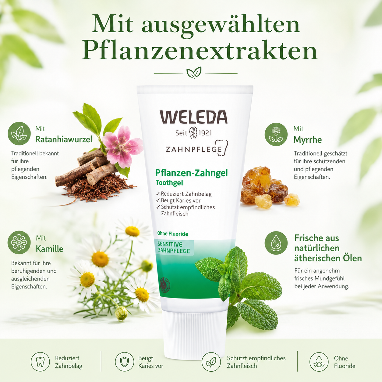 WELEDA Pflanzen-Zahngel mit Ratanhiawurzel, Myrrhe, Kamille und natürlichen ätherischen Ölen