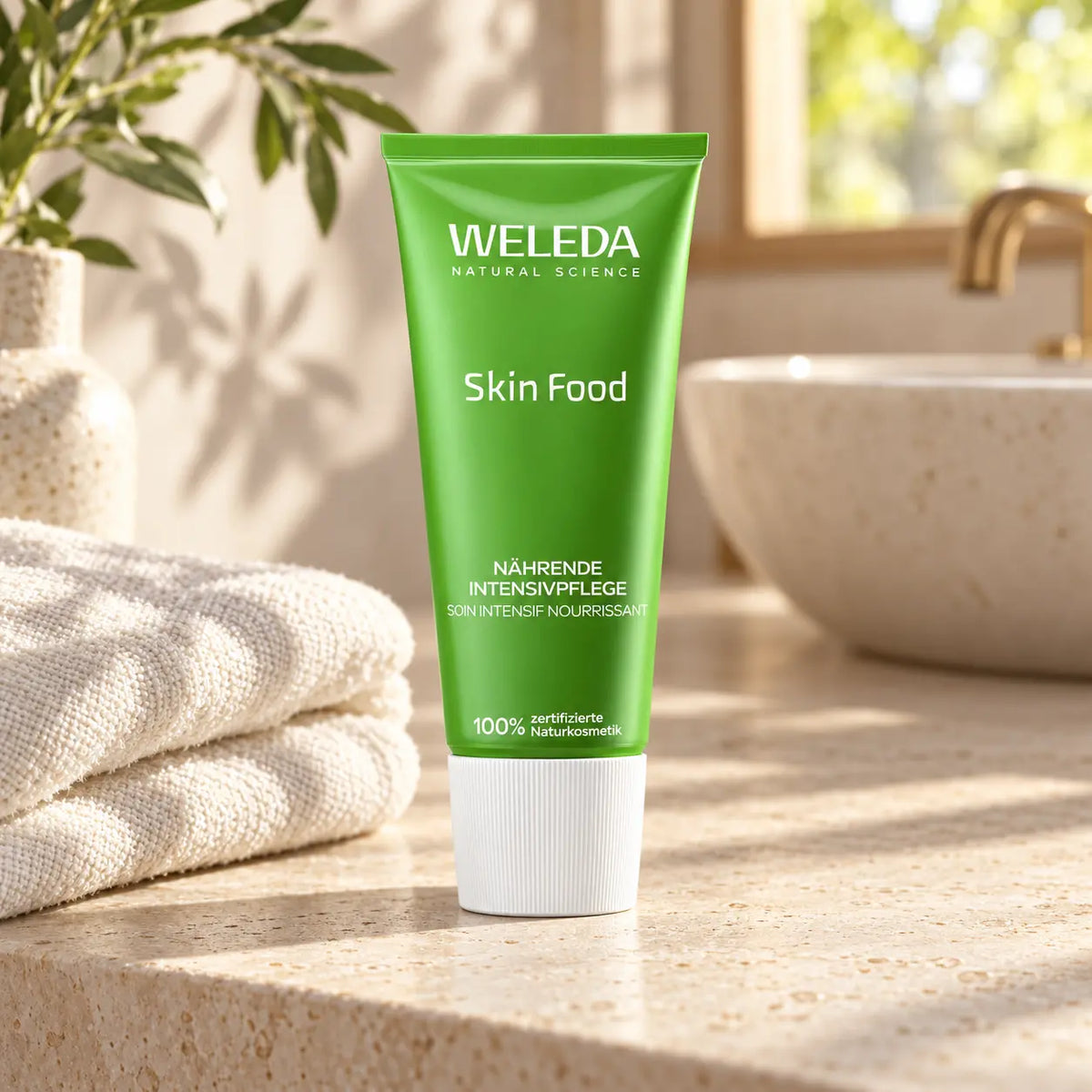 Weleda Skin Food auf einer hellen Steinablage neben Handtüchern im sonnigen Badezimmer