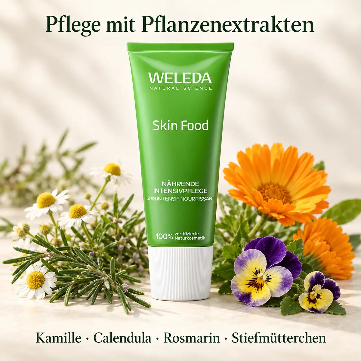 Weleda Skin Food mit Kamille, Calendula, Rosmarin und Stiefmütterchen als Motiv zu den enthaltenen Pflanzenextrakten