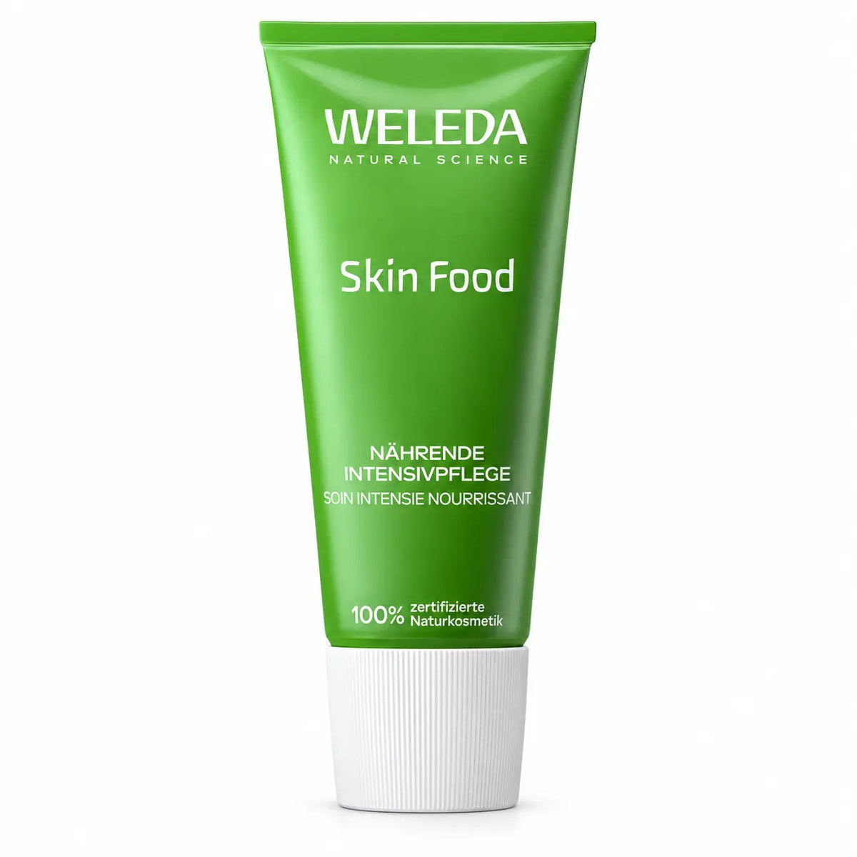Weleda Skin Food nährende Intensivpflege 75 ml in grüner Tube auf weißem Hintergrund