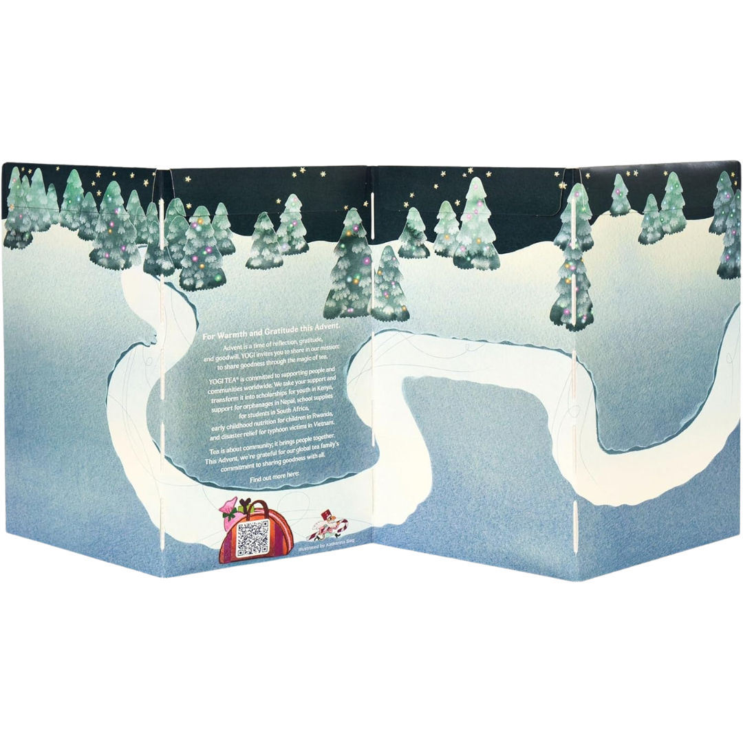 Yogi Tea Adventskalender 2025 Innenseite mit Winterlandschaft und Bäumen – nachhaltige Geschenkverpackung