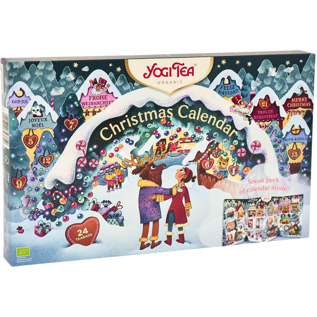 Yogi Tea Adventskalender 2025 Vorderseite mit festlichem Weihnachtsmotiv und 24 Türchen